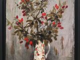 painting of a vase with red berries on a table cloth