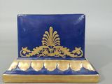 blue and gold card holder with gold leaf design