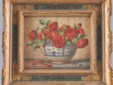 painting of red roses in a blue and white vase on a table