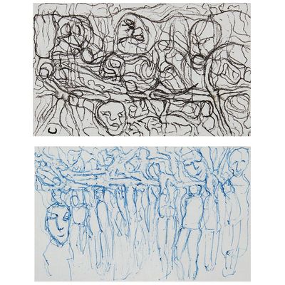 two drawings of a group of people standing next to each other