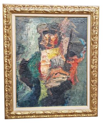 an oil painting of a man holding a child in his arms