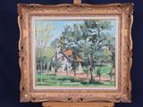 une peinture à l'huile d'une maison dans une zone boisée avec des arbres