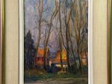 une peinture à l'huile représentant une scène de campagne avec des arbres et une grange