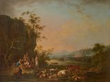 tableau représentant un groupe de personnes et d'animaux dans un paysage rocheux