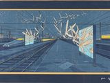 a picture of a painting of a train on the tracks