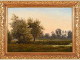 une peinture d'un paysage avec des arbres et une rivière au premier plan