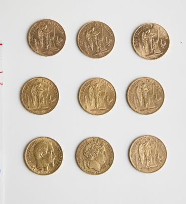 12 Lot de 9 pièces de 20 Francs or divers : 1 x Louis Napolé…