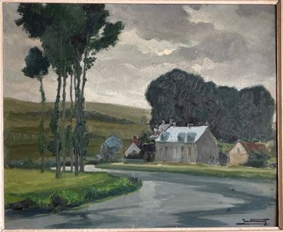 un tableau représentant une route de campagne avec une maison et des arbres