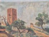 tableau représentant une tour sur une colline, avec des arbres au premier plan