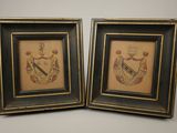 two framed pictures of a man and a woman playing instruments