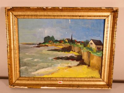 une peinture à l'huile représentant une scène de plage avec des maisons au bord de l'eau