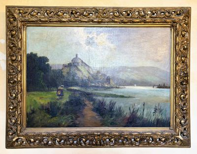 peinture d'un paysage avec une rivière et un château au loin