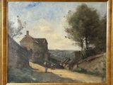 une image représentant un tableau illustrant une scène de village avec une calèche tirée par un cheval