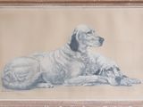 tableau représentant un chien et un chiot couchés, dans un cadre