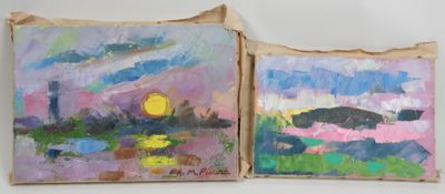 two paintings are hanging on a wall next to each other