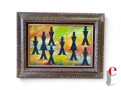 tableau représentant un ensemble de pièces d'échecs, encadré et accroché au mur