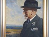 painting of a man in a suit and hat standing in front of a field