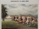 poster of a group of horses racing on a field with a sky background