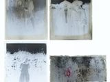 four different pictures of people standing in the snow with umbrellas
