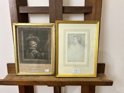 two framed pictures of a woman and a man sitting on a chair