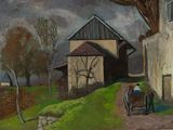 a painting of a man sitting on a horse drawn carriage