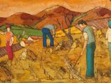 painting of a group of people working in a field with mountains in the background