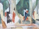 un tableau représentant un homme assis sur un banc dans les bois