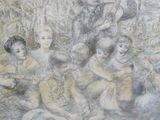 dessin représentant un groupe d'enfants assis par terre dans une forêt