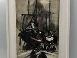 an image of a black and white photo of a boat in a harbor