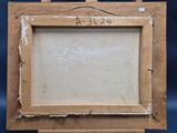 an old wooden easel with a painting on it on a blue background