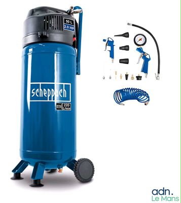 the compressor is blue and has a hose, air pump, and a hose