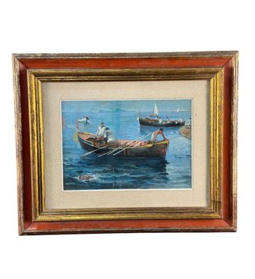 tableau représentant deux bateaux sur l'eau, avec un voilier en arrière-plan