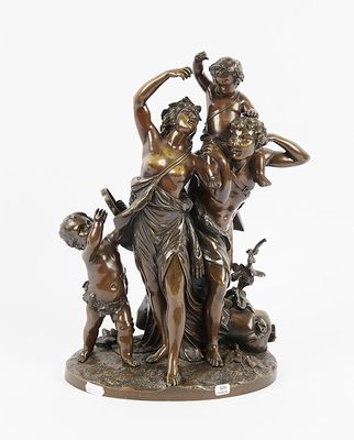 a bronze statue of a woman and two children with a dog
