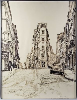 drawing of a car driving down a city street in a black and white picture