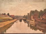 painting of a canal with boats and buildings in the background