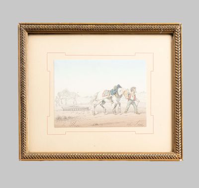 a painting of two men riding horses on a dirt road