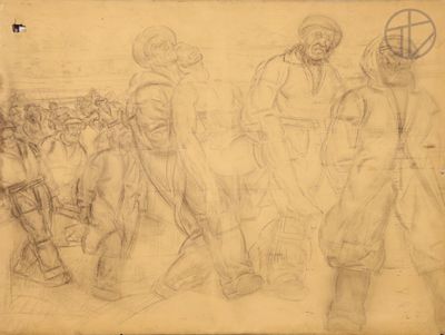 drawing of a group of men standing next to each other in front of a building