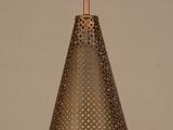 a metal lamp with a cone shaped shade hanging from the ceiling