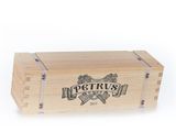 a wooden box with a logo on it