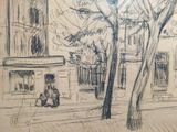 drawing of a person sitting under a tree in front of a building