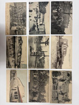 several old postcards of people on a street in a city