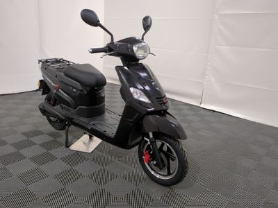 the motor scooter is parked in the garage on the floor