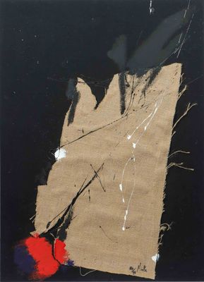 an image of a painting of a piece of brown paper with red and black paint on it