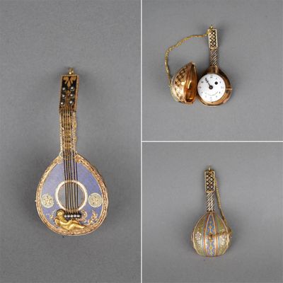 four different pictures of a clock and a musical instrument on display