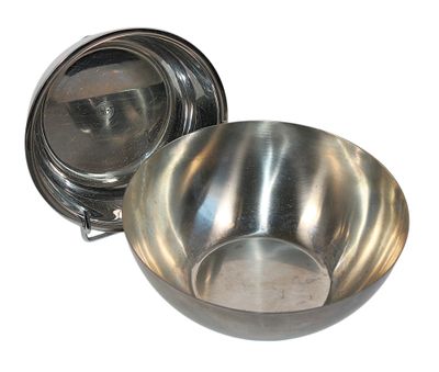 a metal bowl with a lid on a white surface