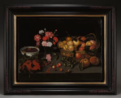 peinture d'une nature morte de fruits et de fleurs sur une table