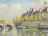 peinture d'un pont sur une rivière avec un château en arrière-plan