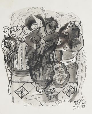 un dessin en noir et blanc d'une femme assise sur une chaise