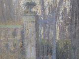 an oil painting of a gate in a park with trees in the background