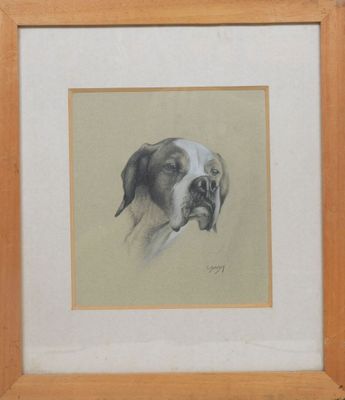 tableau représentant un chien, dans un cadre en bois, sur fond blanc